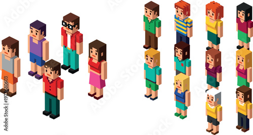 Isometric pixel art character set featuring diverse people in casual outfits with various hair colors and styles vector illustration