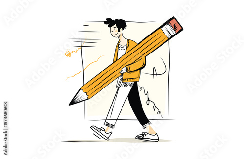 Creative designer walking with oversized pencil illustration representing imagination creativity artistic workflow and idea development in modern hand drawn flat style