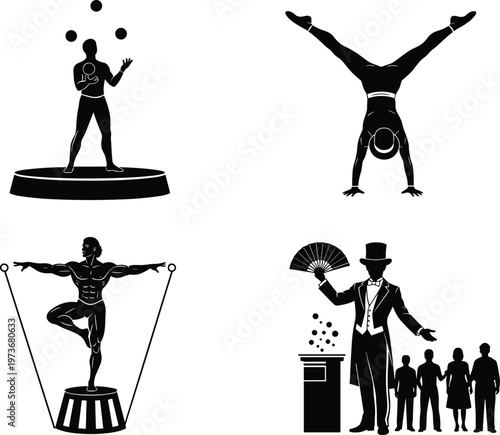 Circus Performance Icons Set Featuring Juggling, Acrobats, and Magician for Entertainment, Circus, and Fun Designs