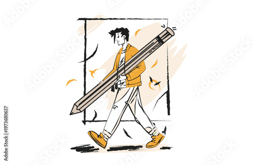 Creative designer walking with oversized pencil illustration representing imagination creativity artistic workflow and idea development in modern hand drawn flat style