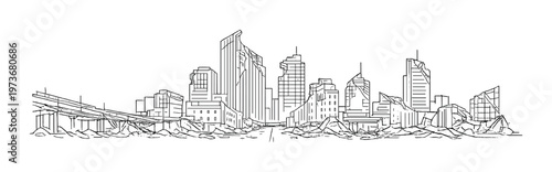 Illuminated damaged city skyline with road and rubble on horizon