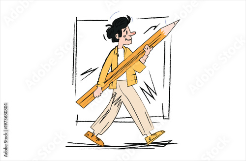 Creative designer walking with oversized pencil illustration representing imagination creativity artistic workflow and idea development in modern hand drawn flat style