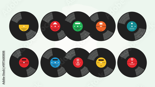 Large collection of black vinyl records with various colorful center labels arranged in rows representing music history.