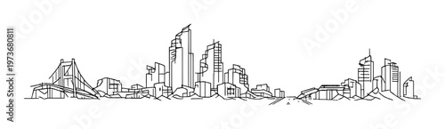 Ruined city skyline with bridge and toppled buildings