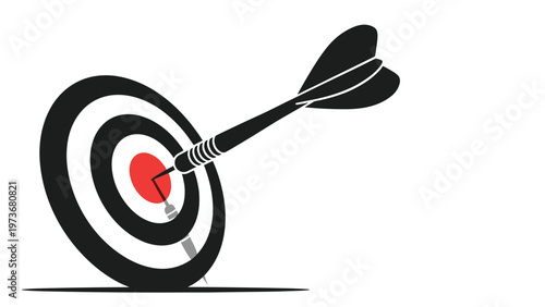 Black dart arrow hitting the center red bullseye of a circular target board representing accuracy and goal achievement.