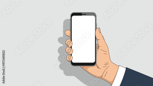 Person in suit hand holding modern smartphone with empty white screen isolated on grey background for mobile app mockups.