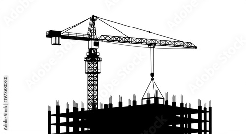 a doodle construction silhouette of a tower crane on a bustling construction site actively engaged in building construction and urban development.