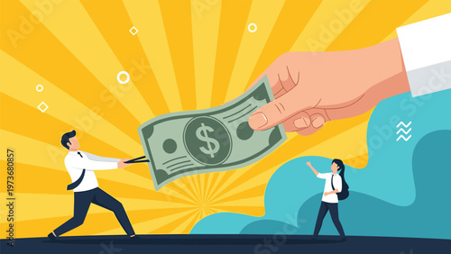 Small businessman pulling a giant dollar bill out of a large hand representing financial struggle tax or shared revenue.