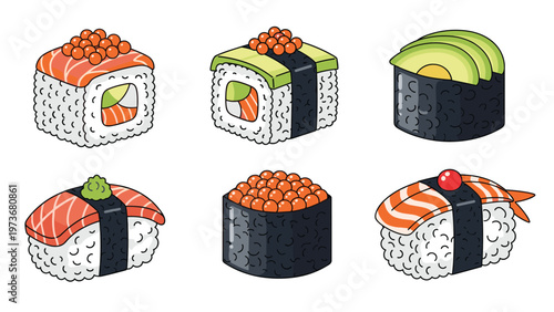 Selection of various delicious sushi and maki rolls including salmon tuna avocado and fish roe toppings for Japanese cuisine themes.