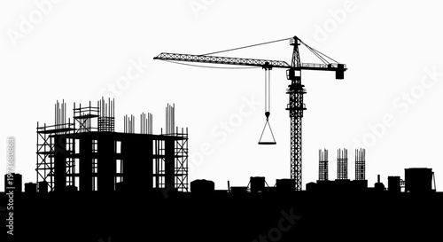 construction site silhouette featuring a building under development with a large tower crane representing urban engineering progress.