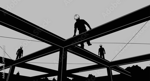 construction workers erecting steel beams on an industrial framework at a high construction site showcasing development.