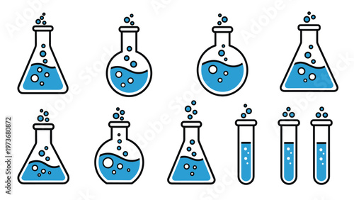 Collection of various laboratory glassware icons including conical flasks round bottom flasks and test tubes with blue chemicals.