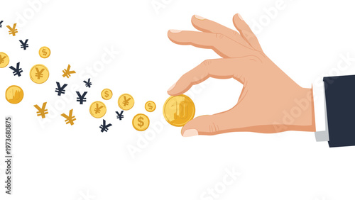 Businessman hand dropping multiple golden and dark coins with different currency symbols as a metaphor for investment or loss.