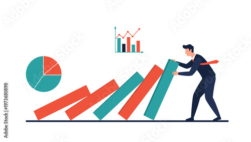 Proactive businessman stopping a row of falling colored rectangular bars representing crisis management and stability in finance.