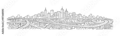City skyline with elevated highway interchanges on gradient background