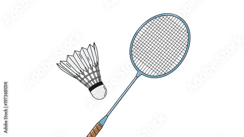 Simple illustration of a blue badminton racket positioned next to a white feathered shuttlecock on a clean white background.