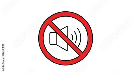 Red circle with a diagonal line through a speaker icon indicating a no sound, mute, or silent zone requirement in a public area.