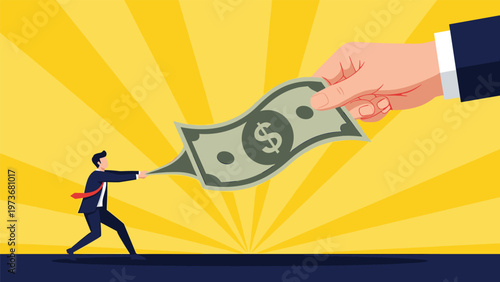 Miniature businessman playing tug of war with a giant hand over a large dollar bill against a bright yellow burst background.