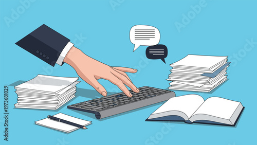 Businessman hand typing on a computer keyboard surrounded by stacks of paperwork and books on a blue office desk background.