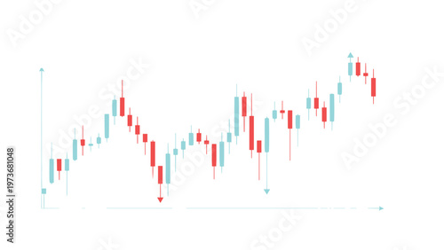 Blue and red financial candlestick chart showing market trends with upward and downward arrows on a clean white background.