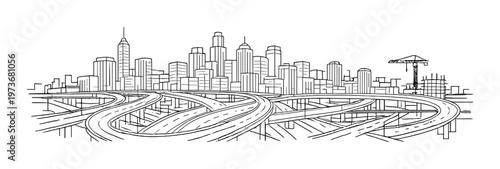 City skyline with sweeping elevated highway interchange in foreground