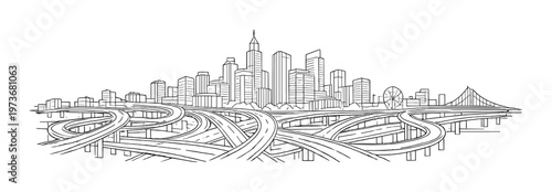 City skyline with complex elevated highway interchange in foreground