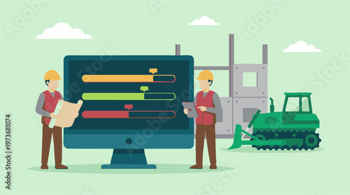 Construction workers manage project progress using digital technology and plans