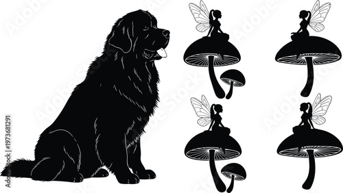 Dog and Fairy Illustration Set Featuring Cute Dog with Mushrooms and Fairies for Fantasy, Animals, and Nature Designs