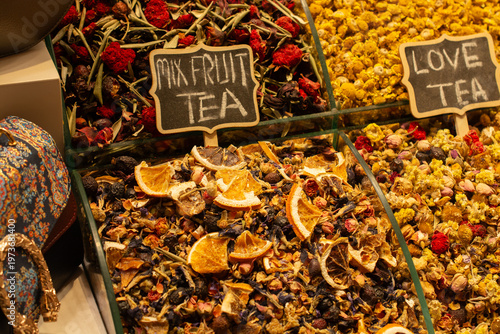 Dried tea,  fruits, herbs, flowers  at Istanbul Spice Bazaar