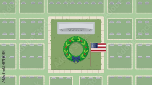 A respectful flat design illustration showcasing a stylized gravestone adorned with a green wreath and an American flag, symbolizing remembrance and peace. 