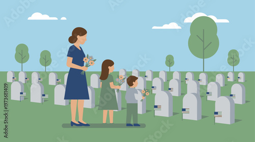 This flat design illustration portrays a stylized family respectfully visiting a cemetery adorned with small flags, embodying the solemn tradition of Memorial Day remembrance.