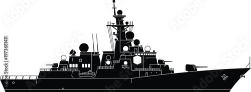 Title:Advanced Naval Warship Silhouette with Radar Domes Communication Systems and Modern Military Vessel Structure Maritime Defense Vector Illustration