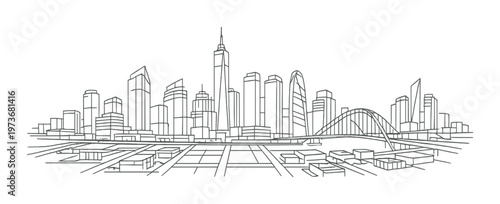 City skyline with tall tower and arched bridge over river