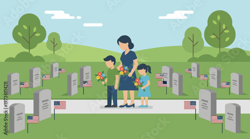 This flat design illustration portrays a stylized family respectfully visiting a cemetery adorned with small flags, embodying the solemn tradition of Memorial Day remembrance.