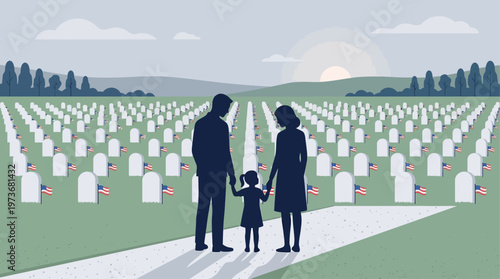 This flat design illustration portrays a stylized family respectfully visiting a cemetery adorned with small flags, embodying the solemn tradition of Memorial Day remembrance.