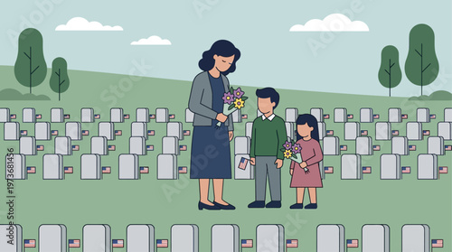 This flat design illustration portrays a stylized family respectfully visiting a cemetery adorned with small flags, embodying the solemn tradition of Memorial Day remembrance.