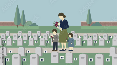 This flat design illustration portrays a stylized family respectfully visiting a cemetery adorned with small flags, embodying the solemn tradition of Memorial Day remembrance.