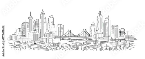 Twin skyline clusters divided by suspension bridge over riverfront