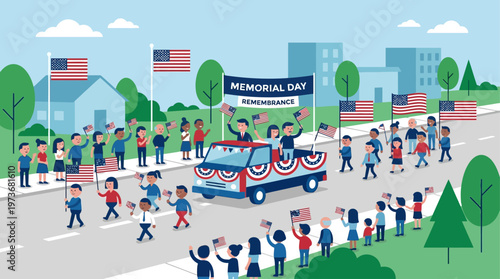 An abstract flat design illustration capturing the essence of a Memorial Day parade, with stylized figures and patriotic elements, symbolizing community and respectful remembrance. 