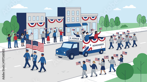 An abstract flat design illustration capturing the essence of a Memorial Day parade, with stylized figures and patriotic elements, symbolizing community and respectful remembrance. 
