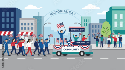 An abstract flat design illustration capturing the essence of a Memorial Day parade, with stylized figures and patriotic elements, symbolizing community and respectful remembrance. 