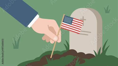 A heartfelt flat design illustration showing a hand gently placing an American flag beside a gravestone, representing a personal act of remembrance on Memorial Day. 