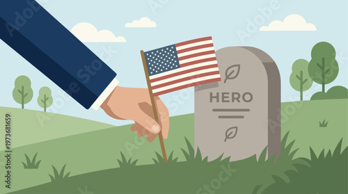 A heartfelt flat design illustration showing a hand gently placing an American flag beside a gravestone, representing a personal act of remembrance on Memorial Day. 