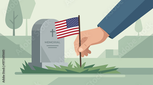 A heartfelt flat design illustration showing a hand gently placing an American flag beside a gravestone, representing a personal act of remembrance on Memorial Day. 