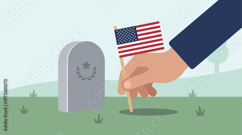 A heartfelt flat design illustration showing a hand gently placing an American flag beside a gravestone, representing a personal act of remembrance on Memorial Day. 