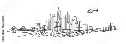 City skyline with helicopter flying above waterfront and bridge