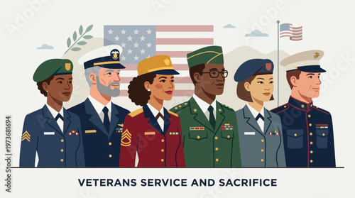 A dignified flat design illustration featuring a group of diverse, stylized veteran profiles, symbolizing their service and sacrifice on Memorial Day. 
