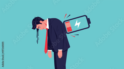 Exhausted businessman with a low battery icon on his back looking tired representing work fatigue and professional burnout.