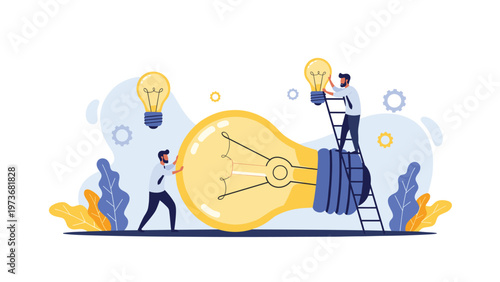 Two professional men collaborating to move and assemble large lightbulbs representing teamwork brainstorming and creating new ideas.