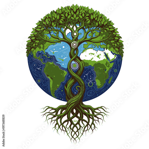 Tree of Life Growing Around Earth with Roots and Branches Reaching Towards Sky